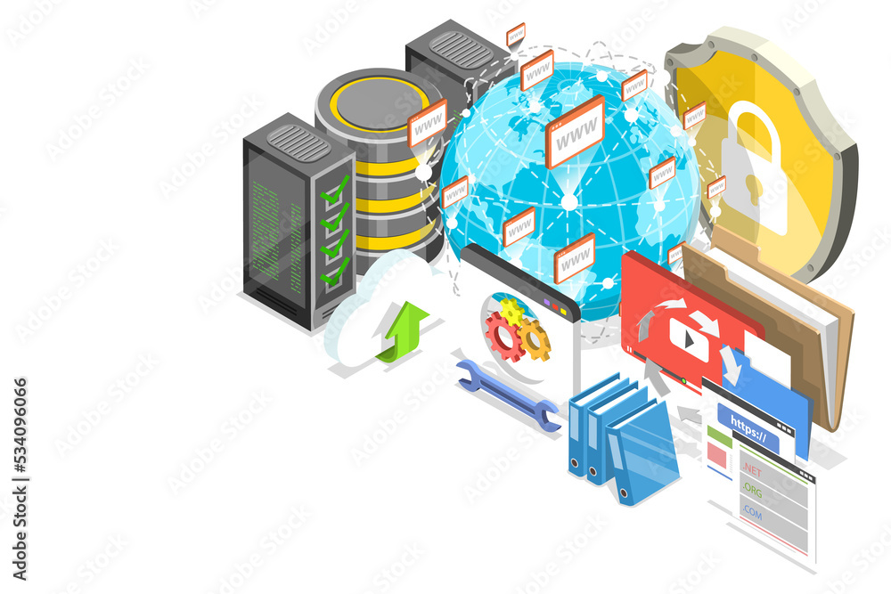 Poster 3d isometric conceptual illustration of web hosting service.
