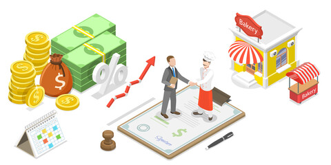 3D Isometric Flat  Conceptual Illustration of Small Business Loan.