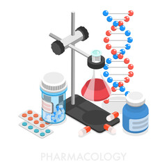 3D Isometric Flat  Conceptual Illustration of Pharmacology.