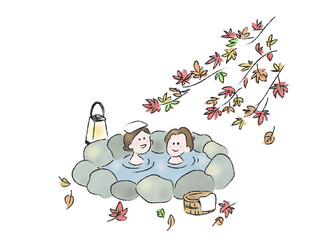 紅葉を楽しみながら温泉につかる女性たち