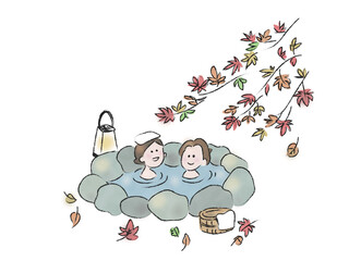 紅葉を楽しみながら温泉につかる女性たち