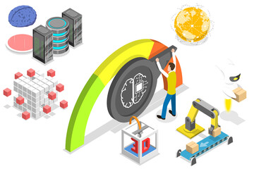 3D Isometric Flat  Conceptual Illustration of Transition to Industry 4.0.