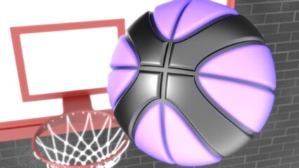 Fototapeta Black-purple basketball and basketball plate on black brick block wall under spot lighting background. 3D illustration. 3D high quality rendering. obraz