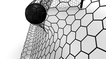 Fototapeta Black Soccer Ball in the Goal Net under white background. 3D illustration. 3D CG. 3D Rendering. High resolution. PNG file format. obraz