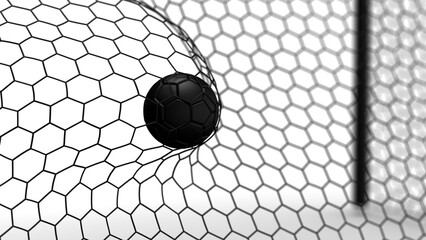 Fototapeta Black Soccer Ball in the Goal Net under white background. 3D illustration. 3D CG. 3D Rendering. High resolution. PNG file format. obraz