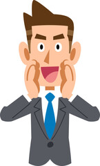 大声で呼びかけるビジネスマンの上半身
