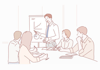 Businessman presenting to colleagues at a meeting. Hand drawn style vector design illustrations.