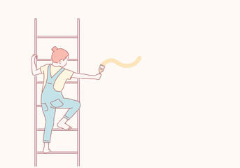 Cute little girl standing on a ladder and painting yellow line on a white wall. Hand drawn style vector design illustrations.