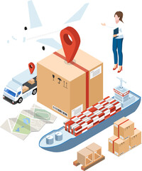 Fototapeta 3D isometric Global logistics network concept with Transportation operation service, Export, Import, Cargo, Air, Road, Maritime delivery. PNG illustration obraz