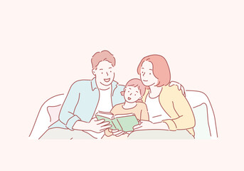 Happiness asian family - Parent read book with child happily at home. Hand drawn style vector design illustrations.