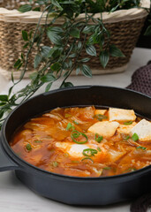 Korean spicy silken tofu stew which is called Sundubu Jjigae. Popular food in Korean Drama