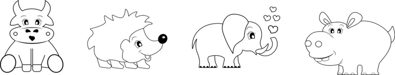 A collection of illustrations for a children's coloring book. Cow, hedgehog, elephant, hippo.