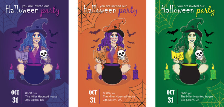 Tarjeta de invitación para fiesta de halloween. Invitación a fiesta. Ilustración de bruja. Diseño de tarjeta. Diseño de afiche Halloween. 