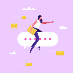 Communication for business, sending message, announcement or dialog for success, meeting talk or communicate idea concept, businesswoman ride speech bubble pointing to target