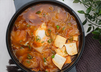 Korean spicy silken tofu stew which is called Sundubu Jjigae. Popular food in Korean Drama