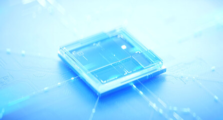 3D rendering of cyberpunk AI. Circuit board. Technology background. Central Computer Processors CPU and GPU concept. Motherboard digital chip. Tech science background.
