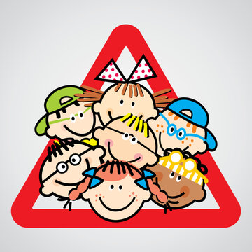 Be careful, kids in the bus. Red triangle frame. Boys and girls on board. Attention, kids on the car. School trip. Funny vector illustration.Transparency background.