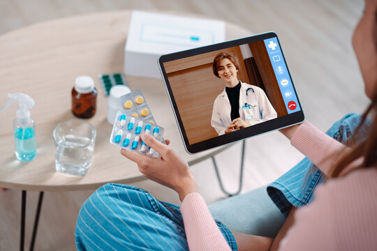 User Interface Of Asian Woman Patient Talk To Doctor On Mobile Phone Online Clinic Videocall Conference Consult About Eat Pills On Medical App, Telehealth Telemedicine Service Hospital Concept.