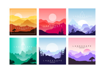 Set of beautiful mountain landscapes. Picturesque scenes of nature at different day time cartoon vector illustration