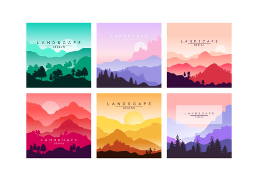 Set of beautiful mountain landscapes. Picturesque scenes with mountains, sky and sun cartoon vector illustration