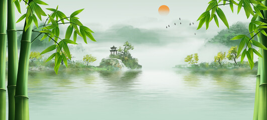 Chinese style freehand artistic conception landscape painting background