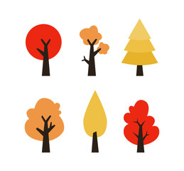 set of tree in autumn season, yellow, orange, red, maple tree, pine tree, for autumn or fall decoration and design elements, cute style illustration