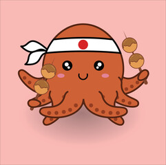 kawaii cute octopus takoyaki vector design illustration line art