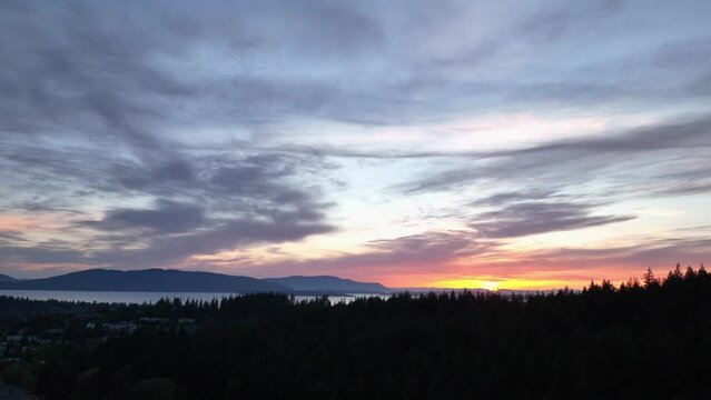 Drone shot of a beautiful sunset over Bellingham, WA.