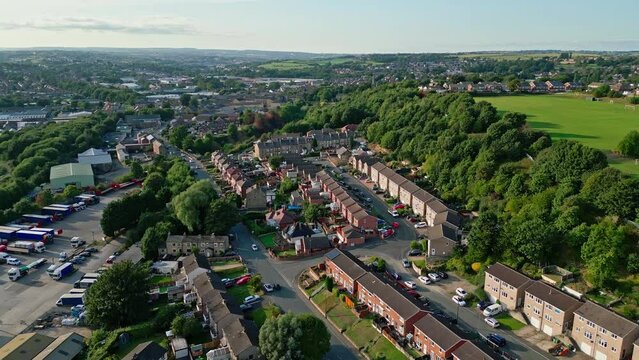 Aerial video footage of the famous Dewsbury Moore and Heckmondwike in the United Kingdom is a typical urban council owned housing estate in the UK video footage obtained by drone.
