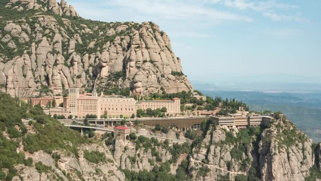 Iconic Montserrat Monastery and Museum In The Mountain - Abbey of Montserrat In Spain. - timelapse