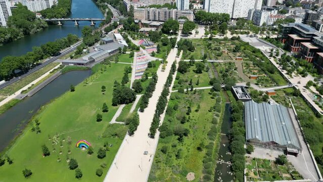 Grand Parc des Docks, Saint-Ouen in France. Aerial forward tilt-up reveal