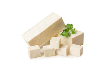 White tofu with parsley leaves on white background.