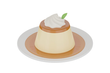 custard pudding caramel with caramel sauce and whipped cream. 3D rendering