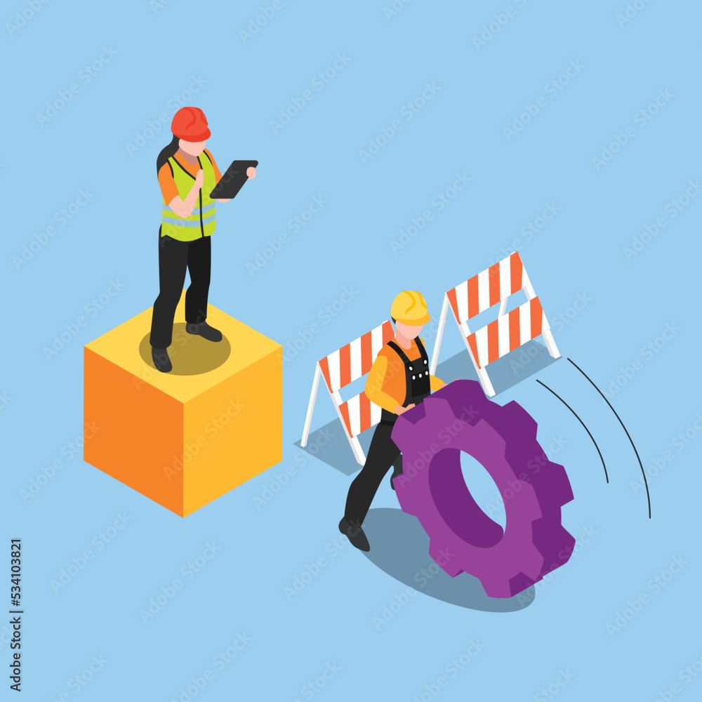 Wall mural Workers pushing a large gear isometric 3d vector illustration concept for banner, website, illustration, landing page, flyer, etc.