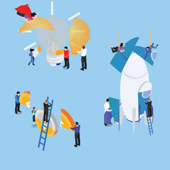 business project startup process, idea through planning and strategy, time management, realization isometric 3d vector illustration concept for banner, website, illustration, landing page, flyer, etc.