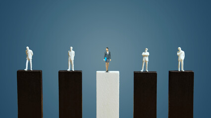 Miniature people toy figure photography. Businesswoman leader concept. A businesswoman and businessman shadow standing above podium