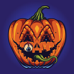 creepy halloween pumpkin with sticking out tongue and eyes out vector illustration