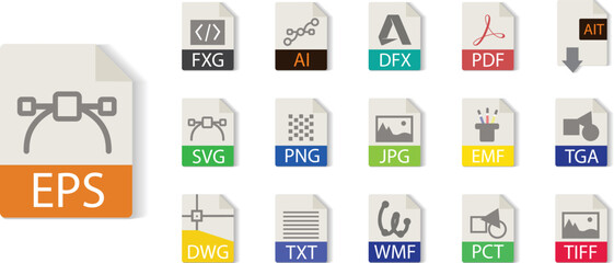 Illustrator file format collection. FXG, AI,EPS, PDF, AIT, SVG, PNG, JPG, EMF, TGA, TIFF, TXT, WMF, PCT, DXF, DWG. File type vector and icons. - obrazy, fototapety, plakaty