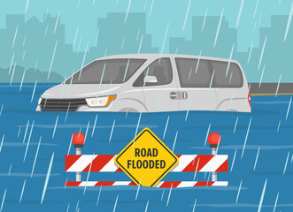 Flooded road and rainy weather conditions. Partially submerged car and warning sign with barrier on a flooded road. Flat vector illustration template.