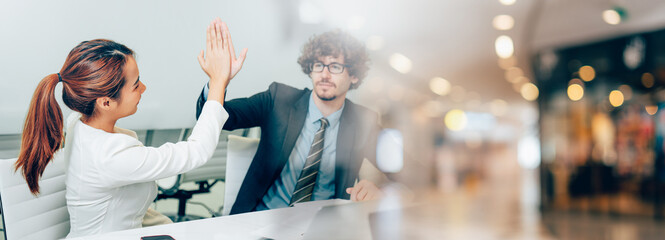 Businesswoman giving a high five to a colleague in meeting, Banner cover design.