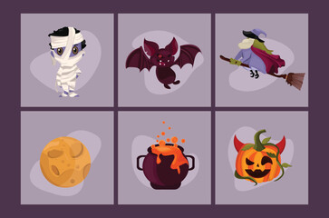 set of colorful Halloween design elements. Pumpkin, vampire, skull, cat, cute character illustration on purple background.