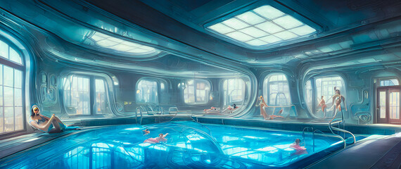 Fototapeta Artistic concept painting of a modern swimming pool interior, background illustration. obraz