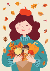Fototapeta na wymiar Girl and harvest. Autumn vector illustration for card, poster and season social medium content