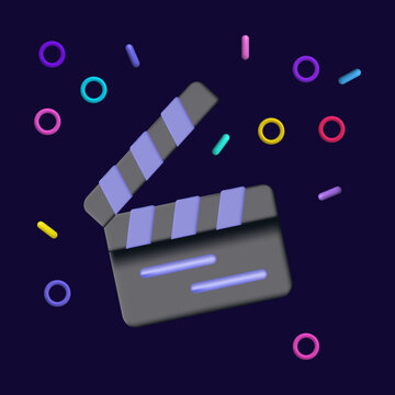 Clapperboard 3d. Watch Movie. Cinematography Clapperboard Start Icon, Filming New Movie, Series, Game. Festive Opening Scene, Video. 3d Clapper, Confetti. Watch The Holiday Of The New Movie. Vector 