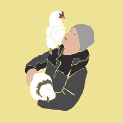 A boy is holding a chicken in his arms and stroking it and another chicken is sitting on his shoulder.Vector flat illustration.
