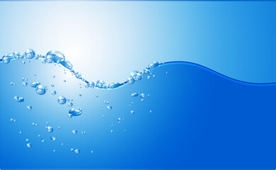 Close up blue water splash with bubbles on light blue background.Vector illustration