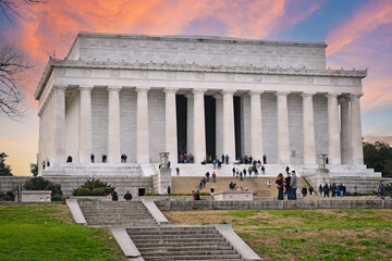 Lincoln Memorial building at dusk in the National Mall of Washington DC, USA