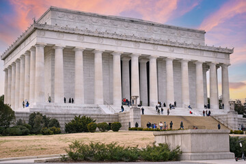 Lincoln Memorial building at dusk in the National Mall of Washington DC, USA
