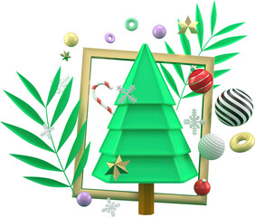 Fototapeta 3d Rendering Christmas or new year elements background with decorative tree ball, snow and gift  in frame . Colorful gifts for holidays. Modern design. Isolated PNG illustration on transparent. obraz