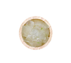 Aloe vera sliced top view in wood bowl isolated on a white background, clipping path macro